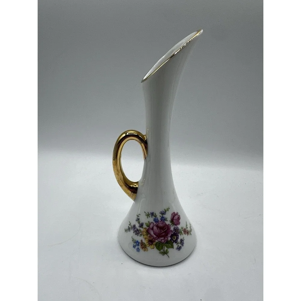 Porcelanas Guillen Madrid Porcelain Bud Vase‎ White Floral Gold Handle Spain